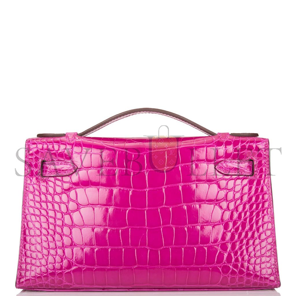 HERMÈS MASTER ROSE SCHEHERAZADE SHINY ALLIGATOR MINI KELLY POCHETTE GOLD HARDWARE (22*14*7cm)